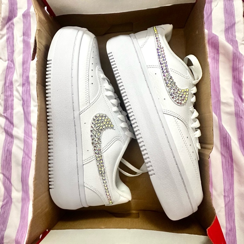 Custom bling Nike Court Vision Alta LTR White platform Sneakers w/ crystals